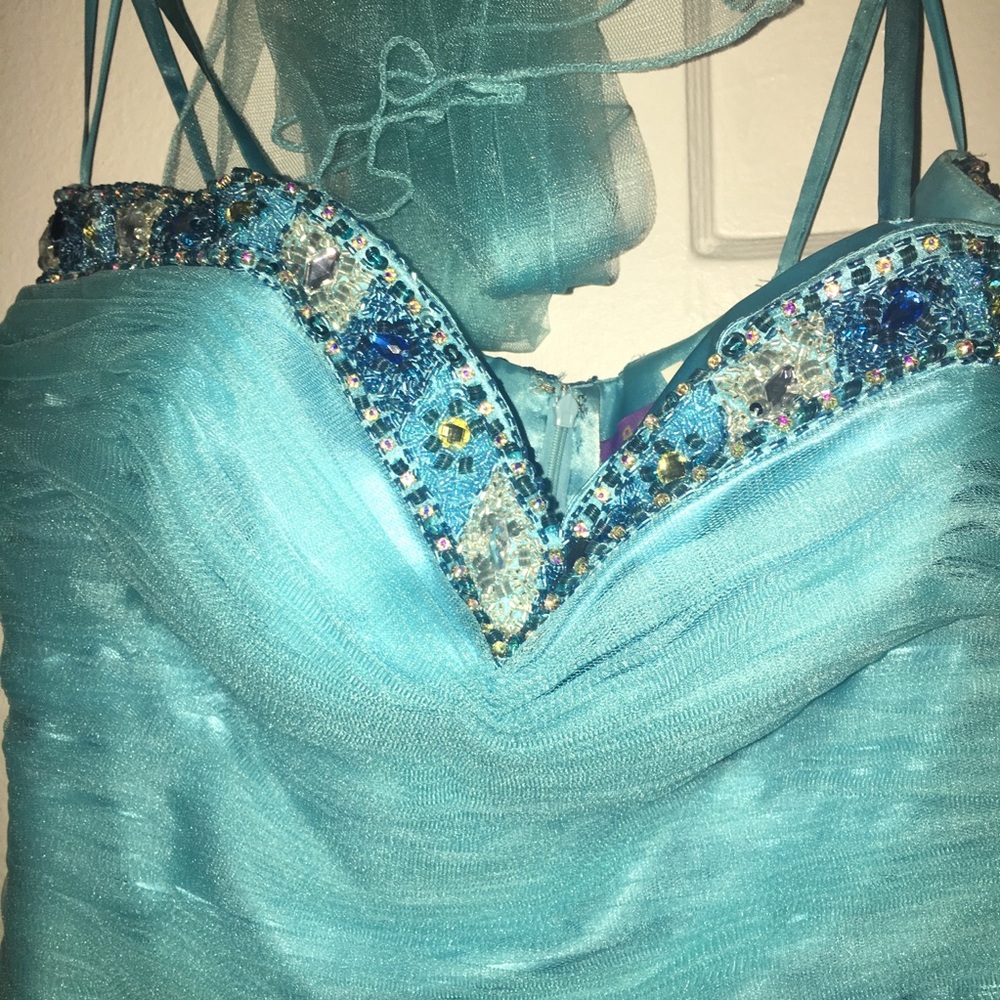 Blue Ruffle Prom Dress - Picture 2 of 6